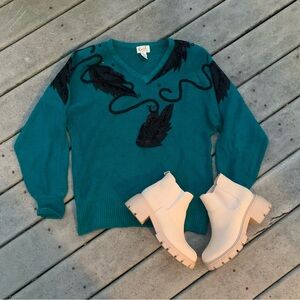 Vintage 80’s V-Neck Sweater w Black Accents | 1980’s Teal Sequin Knit Sweater